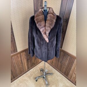 STUNNING BROWN SHEARED MINK & SABLE FUR COLLAR FUR COAT JACKET SIZE LARGE